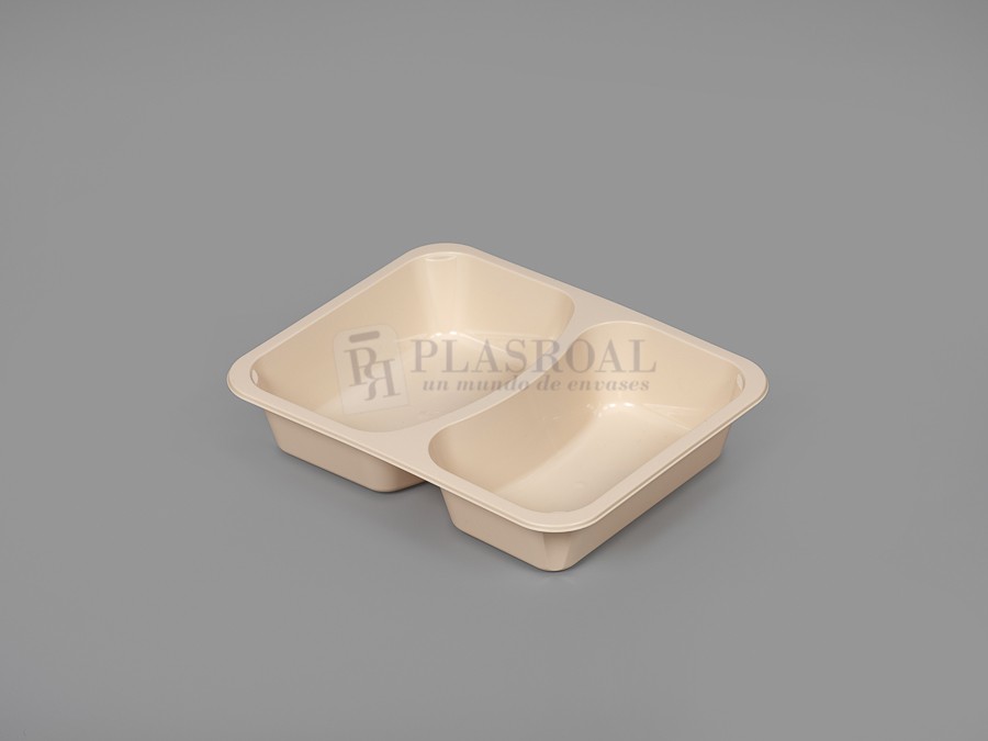 Bandejas Termosellable Pp Dos Compartimentos 228 X 178  H-45 mm. Inyección Beige
