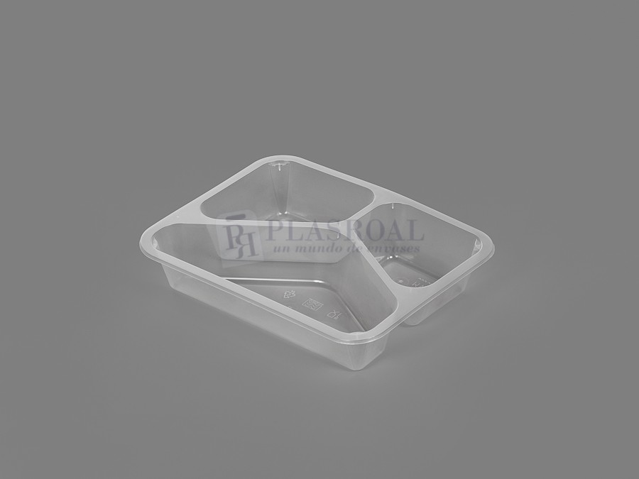 Bandejas Termosellable Pp Tres Compartimentos 228 X 178  H-45 mm. Inyección Transparente